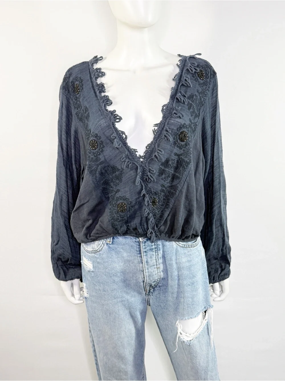 Free People Navy Blue Embroidered Fringe Blouse Boho Peasant Top Size XS V-Neck